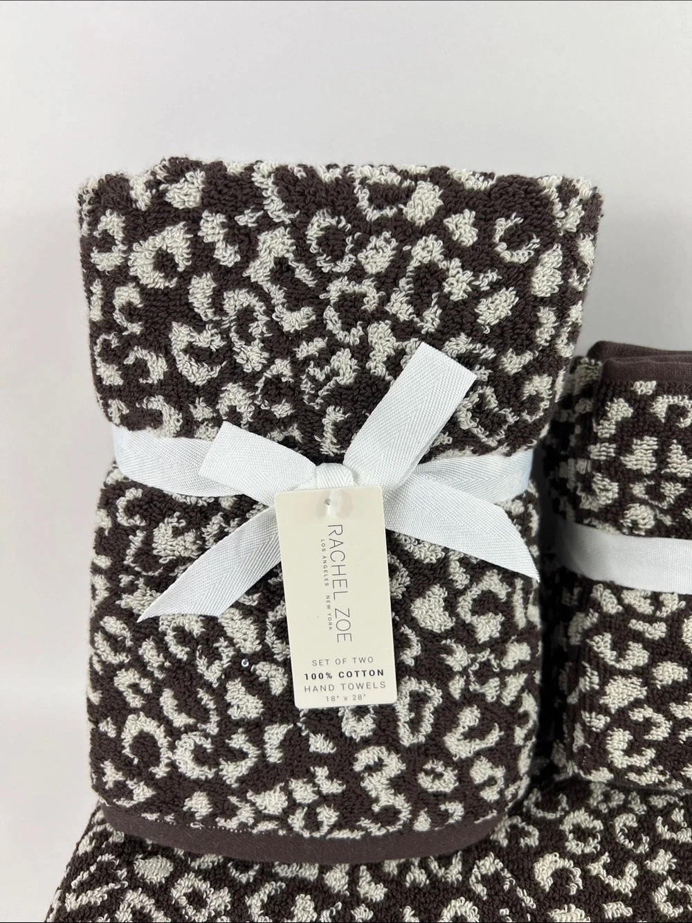 Rachel Zoe Bath Towels Leopard Print Dark Brown and Cream 100% Cotton 8 Pc NEW